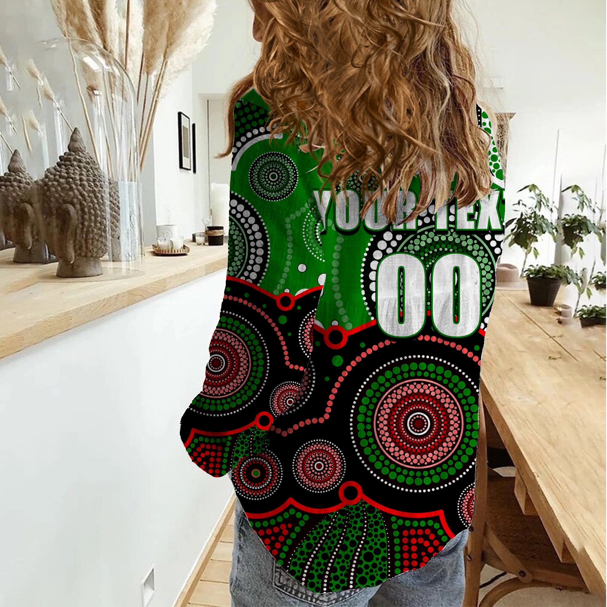 (Custom Personalised And Number) Rabbitohs NRL Women Casual Shirt Aboriginal Patterns - Vibe Hoodie Shop