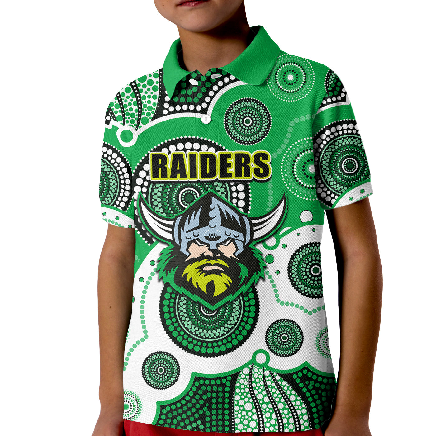 (Custom Personalised And Number) Raiders NRL Kid Polo Shirt Aboriginal Patterns - Vibe Hoodie Shop