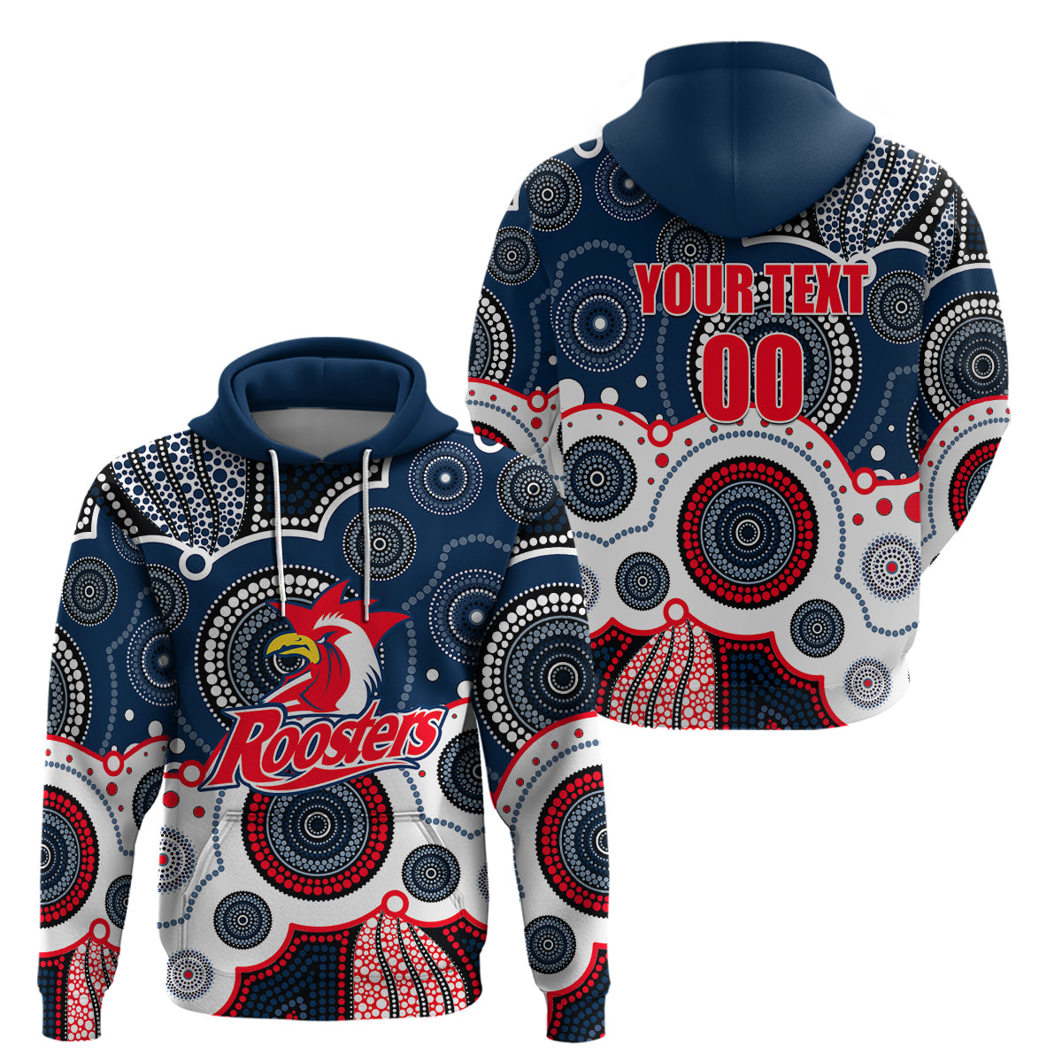 (Custom Personalised And Number) Roosters NRL Hoodie Aboriginal Patterns LT6 - Vibe Hoodie Shop