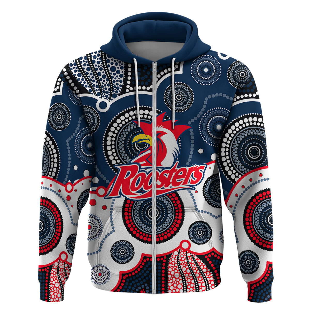 (Custom Personalised And Number) Roosters NRL Hoodie Aboriginal Patterns LT6 - Vibe Hoodie Shop