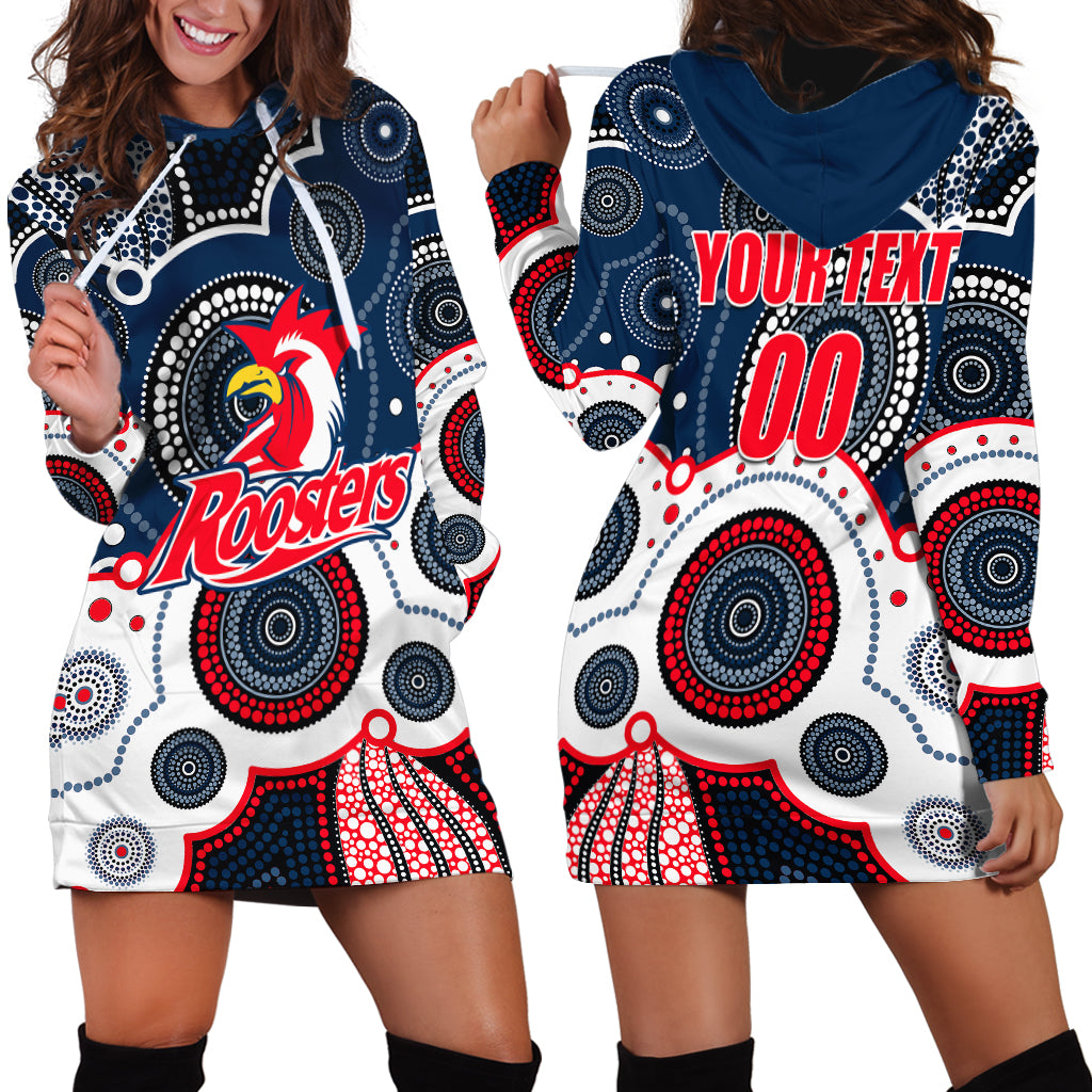 (Custom Personalised And Number) Roosters NRL Hoodie Dress Aboriginal Patterns - Vibe Hoodie Shop