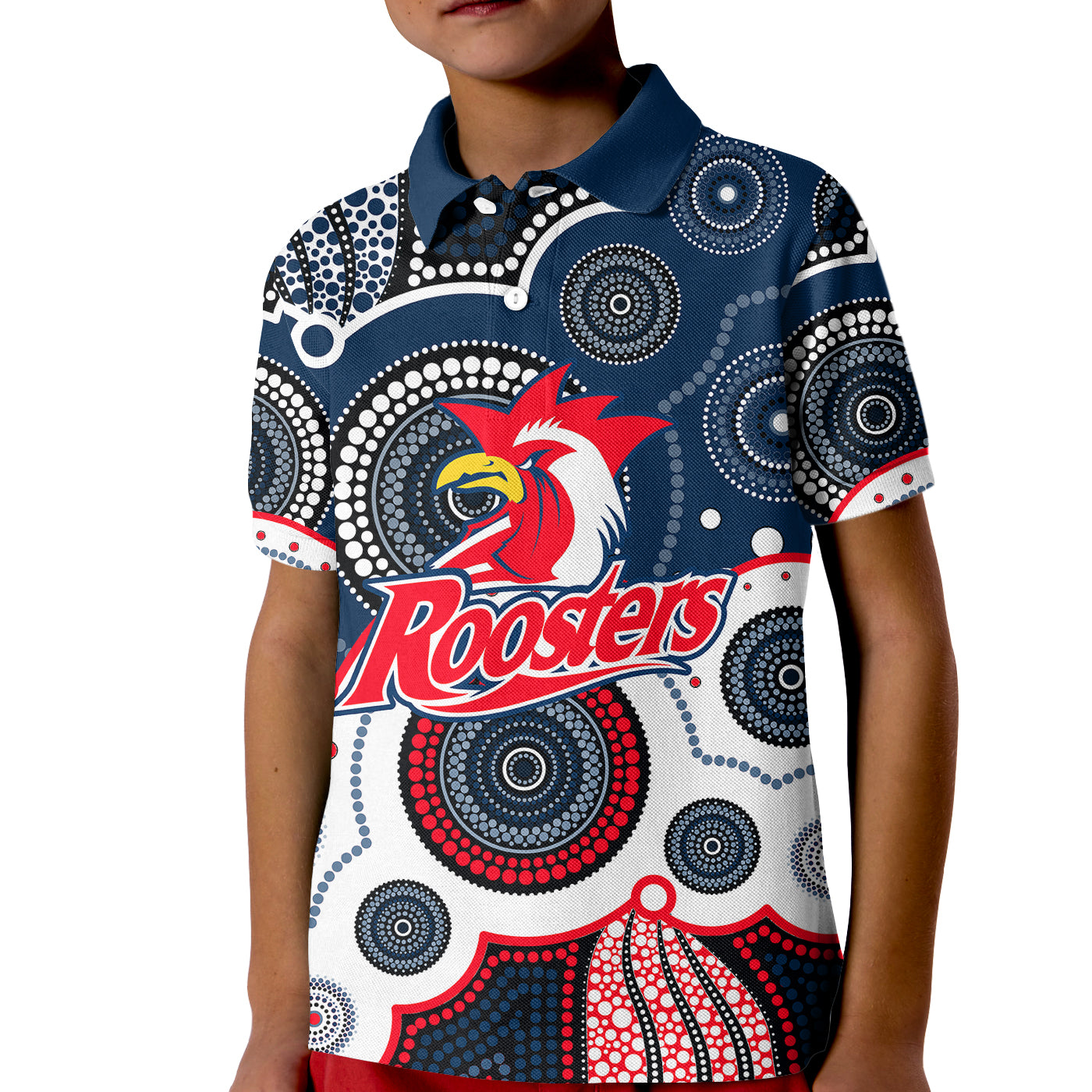 (Custom Personalised And Number) Roosters NRL Kid Polo Shirt Aboriginal Patterns - Vibe Hoodie Shop