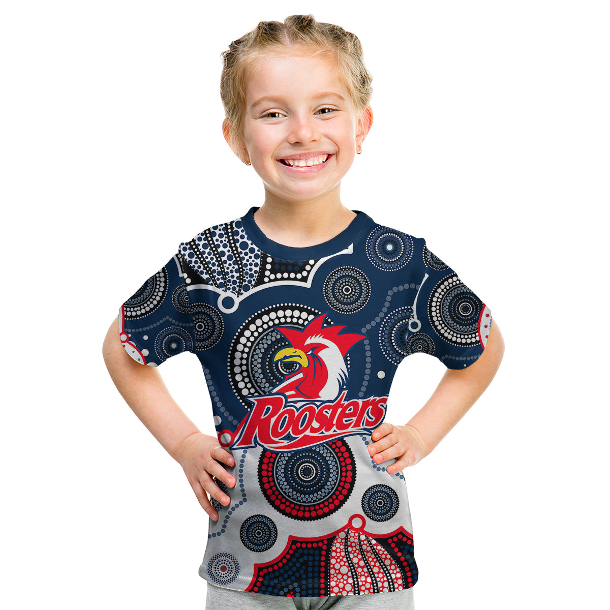 (Custom Personalised And Number) Roosters NRL Kid T Shirt Aboriginal Patterns - Vibe Hoodie Shop