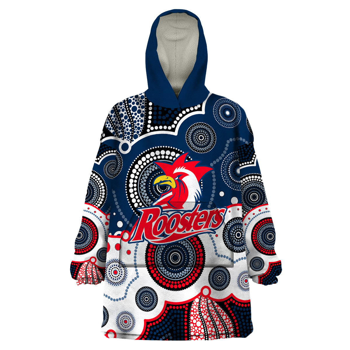 (Custom Personalised And Number) Roosters NRL Wearable Blanket Hoodie Aboriginal Patterns - Vibe Hoodie Shop