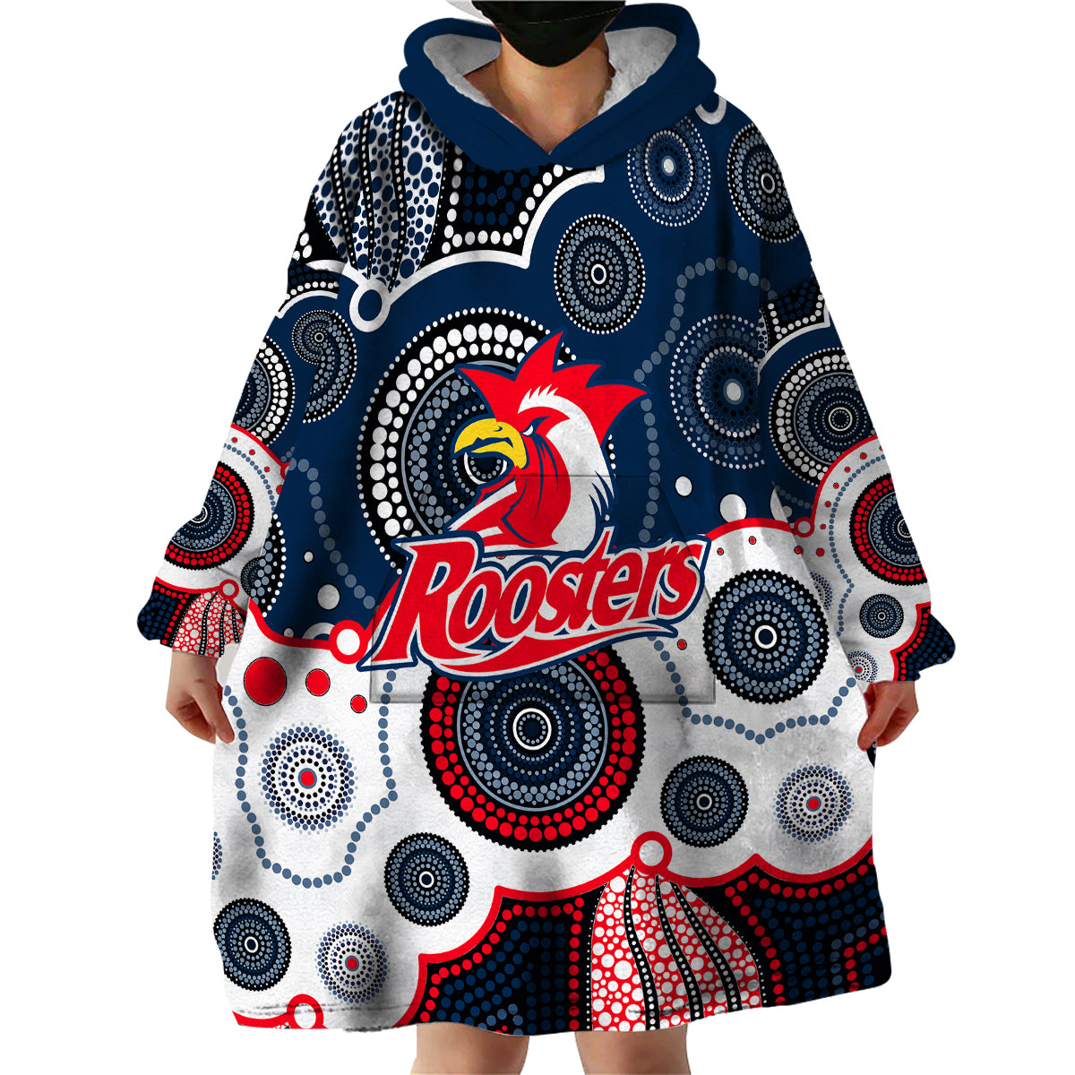 (Custom Personalised And Number) Roosters NRL Wearable Blanket Hoodie Aboriginal Patterns - Vibe Hoodie Shop