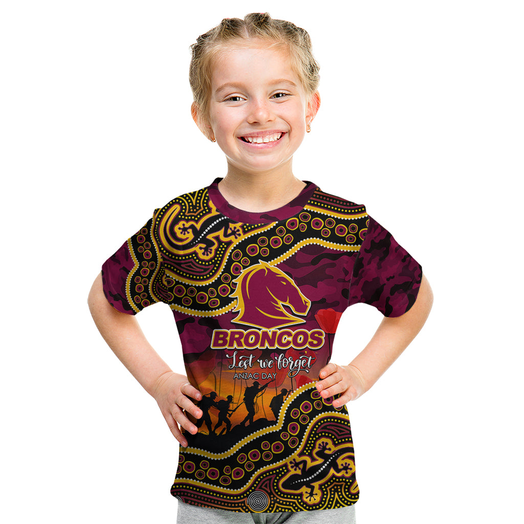 (Custom Personalised) Anzac Day NRL - Broncos Kid T Shirt Aboriginal Lizard Patterns - Vibe Hoodie Shop