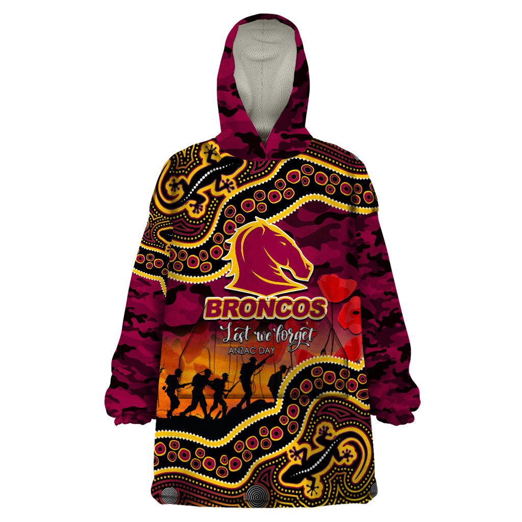 (Custom Personalised) Anzac Day NRL - Broncos Wearable Blanket Hoodie Aboriginal Lizard Patterns - Vibe Hoodie Shop