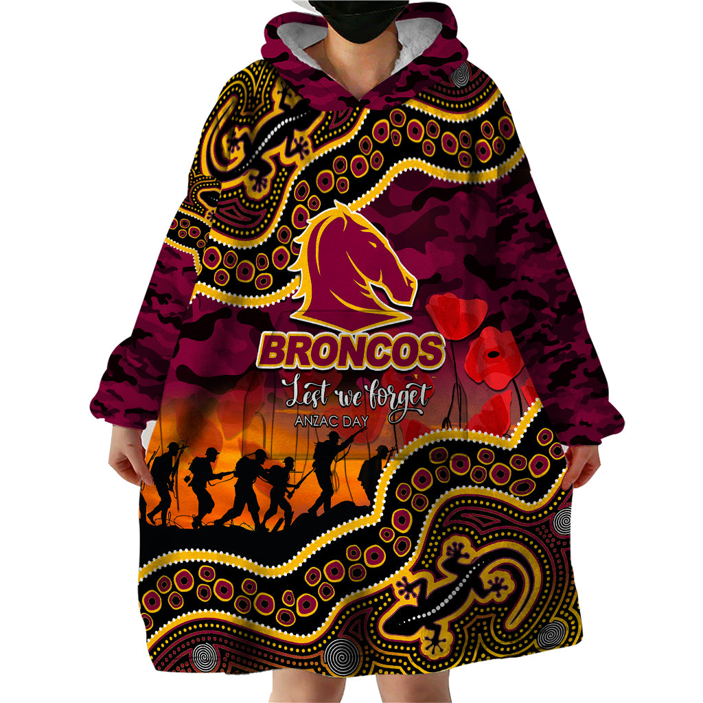 (Custom Personalised) Anzac Day NRL - Broncos Wearable Blanket Hoodie Aboriginal Lizard Patterns - Vibe Hoodie Shop