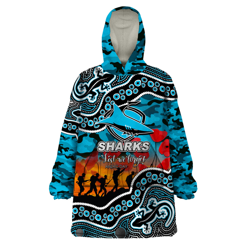 (Custom Personalised) Anzac Day NRL - Sharks Wearable Blanket Hoodie Aboriginal Lizard Patterns - Vibe Hoodie Shop