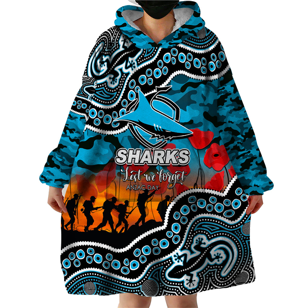 (Custom Personalised) Anzac Day NRL - Sharks Wearable Blanket Hoodie Aboriginal Lizard Patterns - Vibe Hoodie Shop