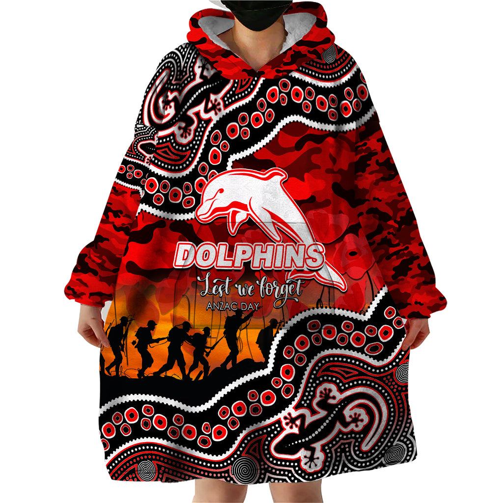 (Custom Personalised) Anzac Day NRL - Dolphins Wearable Blanket Hoodie Aboriginal Lizard Patterns - Vibe Hoodie Shop