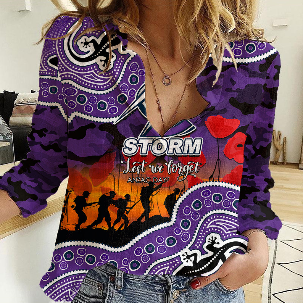 (Custom Personalised) Anzac Day NRL - Storm Women Casual Shirt Aboriginal Lizard Patterns - Vibe Hoodie Shop