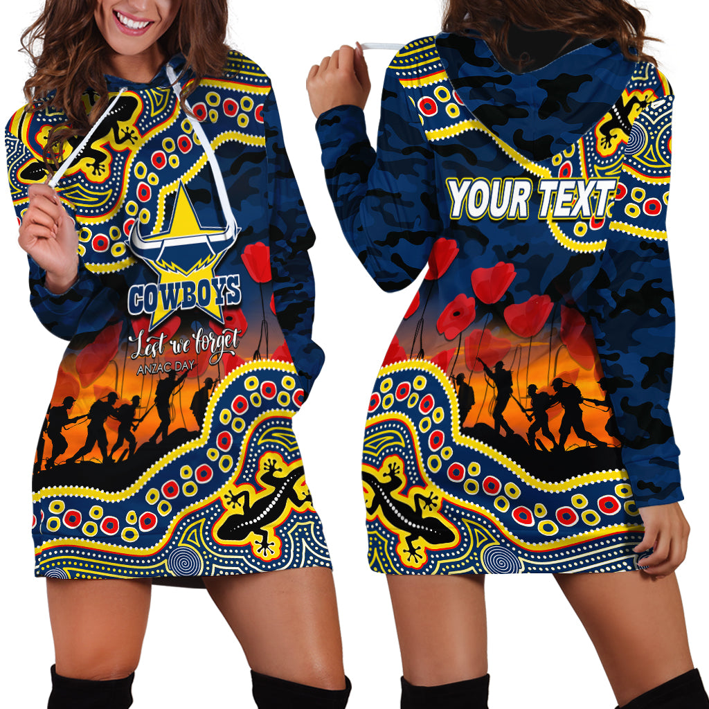 (Custom Personalised) Anzac Day NRL - Cowboys Hoodie Dress Aboriginal Lizard Patterns - Vibe Hoodie Shop