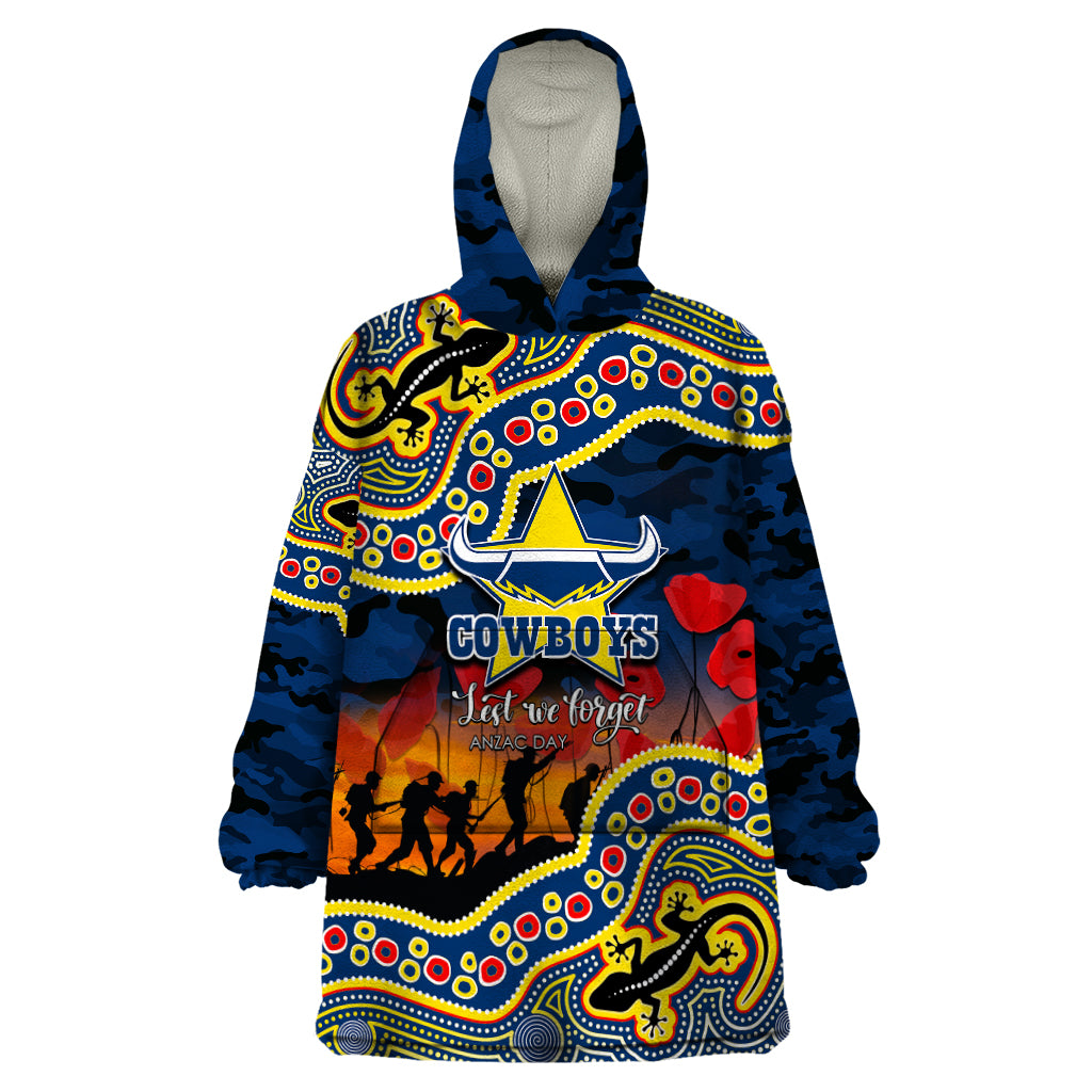 (Custom Personalised) Anzac Day NRL - Cowboys Wearable Blanket Hoodie Aboriginal Lizard Patterns - Vibe Hoodie Shop