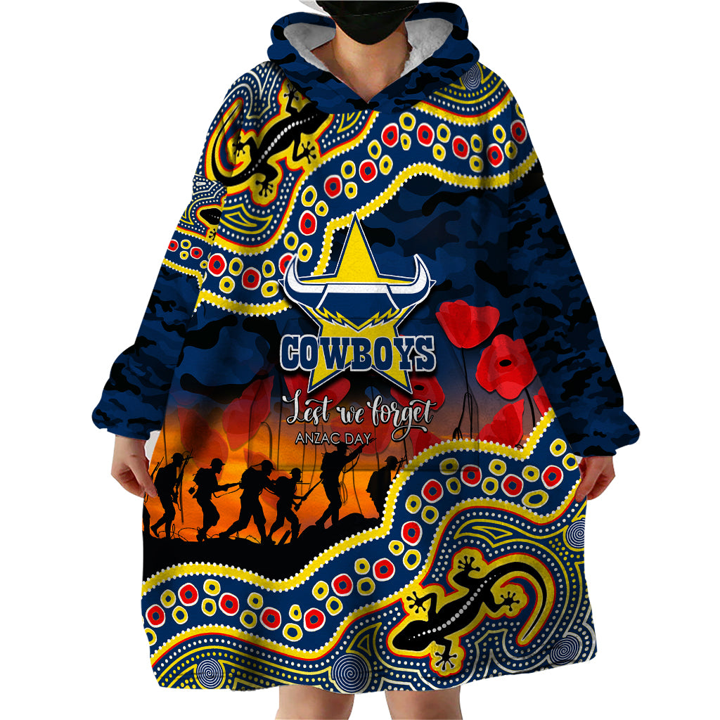 (Custom Personalised) Anzac Day NRL - Cowboys Wearable Blanket Hoodie Aboriginal Lizard Patterns - Vibe Hoodie Shop