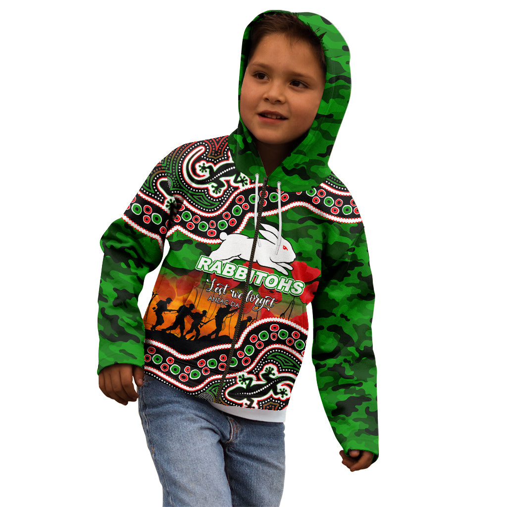 (Custom Personalised) Anzac Day NRL - Rabbitohs Kid Hoodie Aboriginal Lizard Patterns - Vibe Hoodie Shop