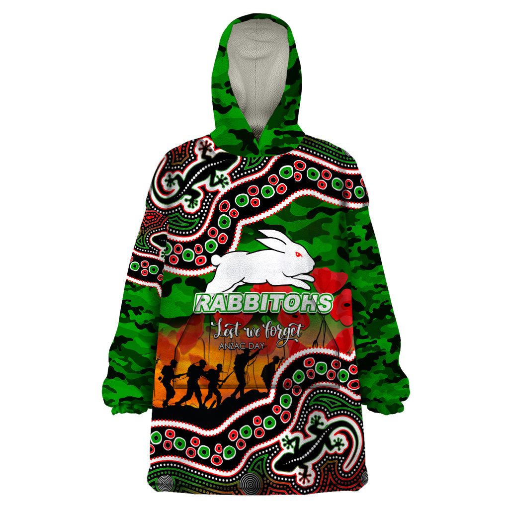 (Custom Personalised) Anzac Day NRL - Rabbitohs Wearable Blanket Hoodie Aboriginal Lizard Patterns - Vibe Hoodie Shop