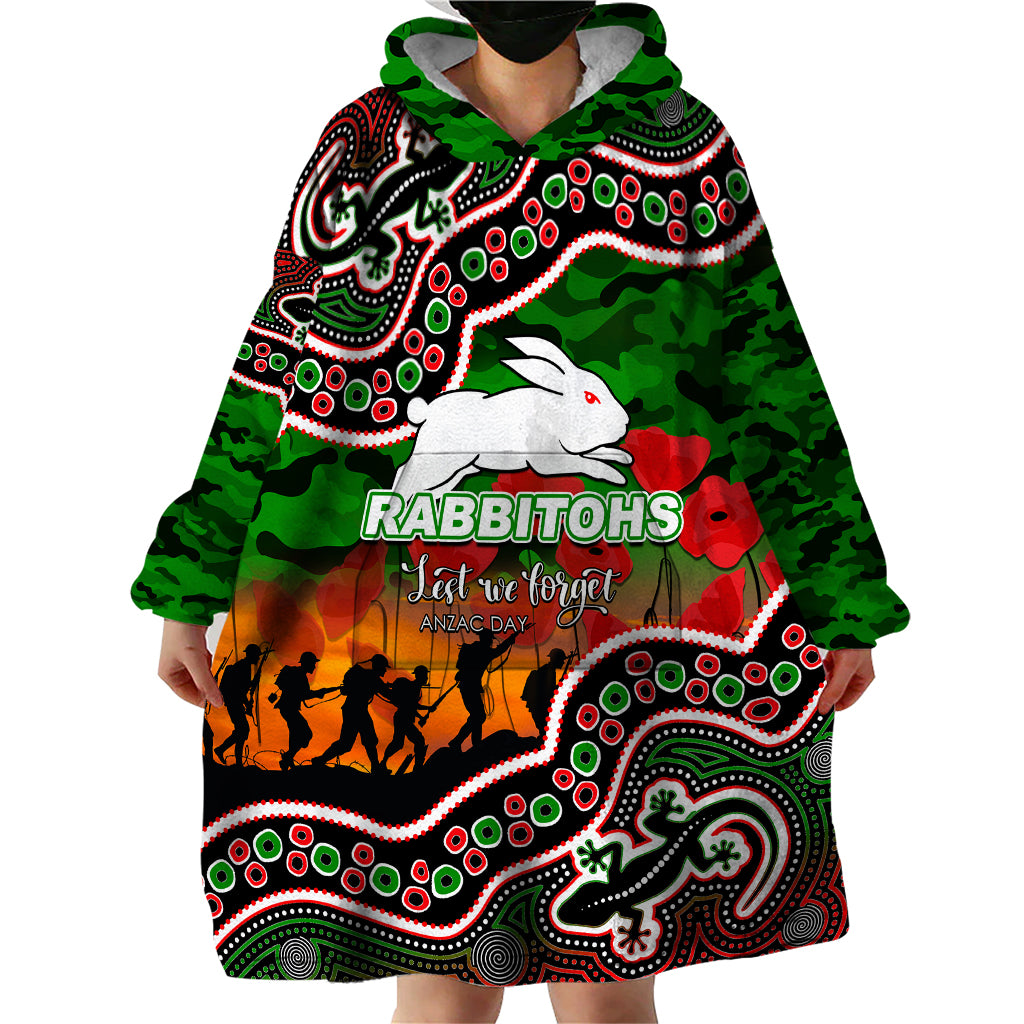 (Custom Personalised) Anzac Day NRL - Rabbitohs Wearable Blanket Hoodie Aboriginal Lizard Patterns - Vibe Hoodie Shop