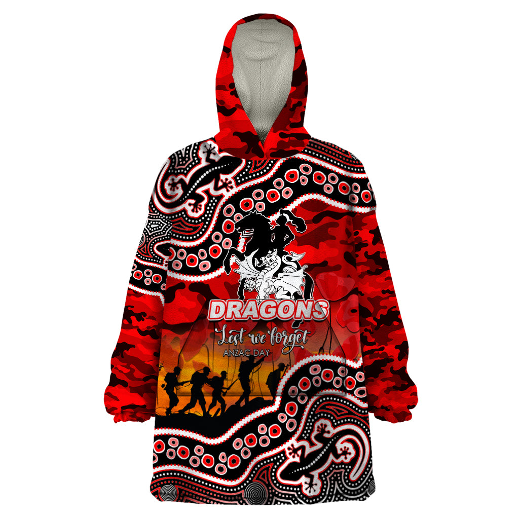 (Custom Personalised) Anzac Day NRL - Dragons Wearable Blanket Hoodie Aboriginal Lizard Patterns - Vibe Hoodie Shop