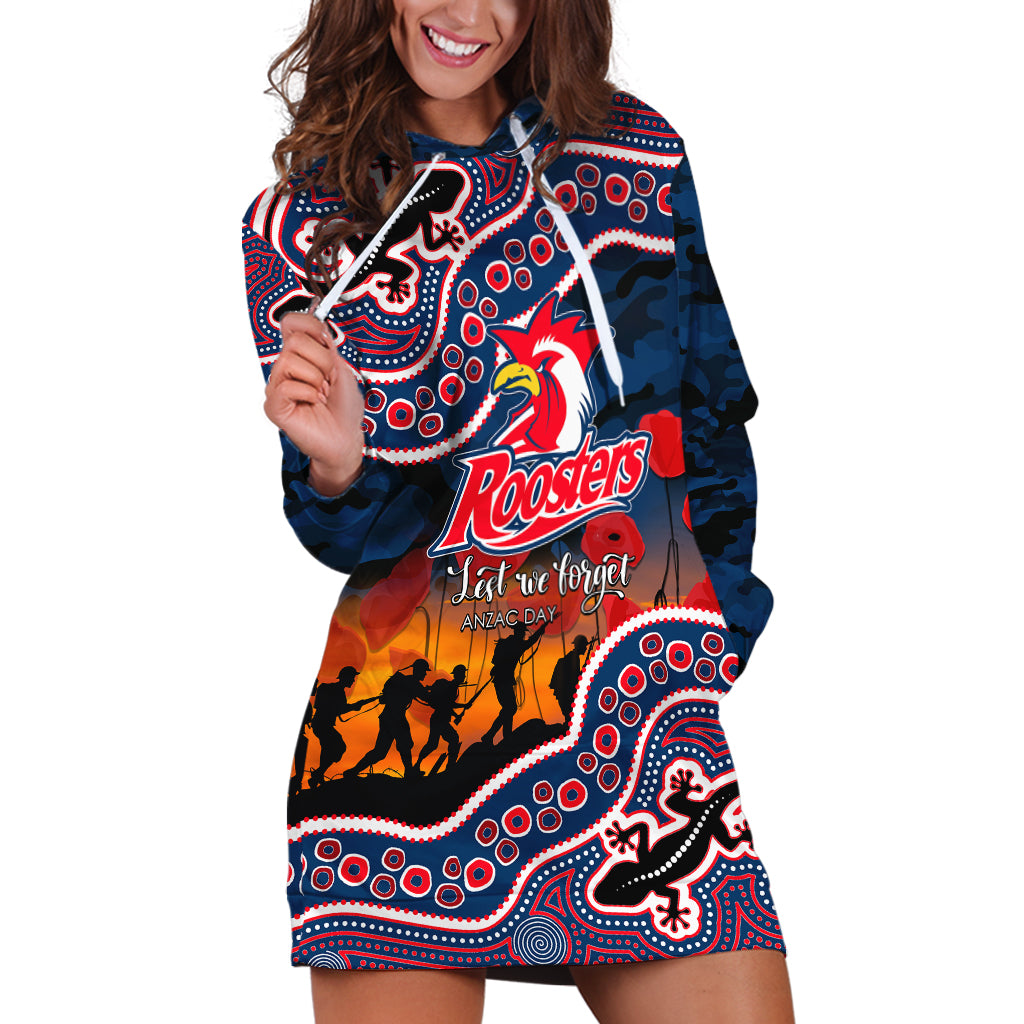 (Custom Personalised) Anzac Day NRL - Rooster Hoodie Dress Aboriginal Lizard Patterns - Vibe Hoodie Shop