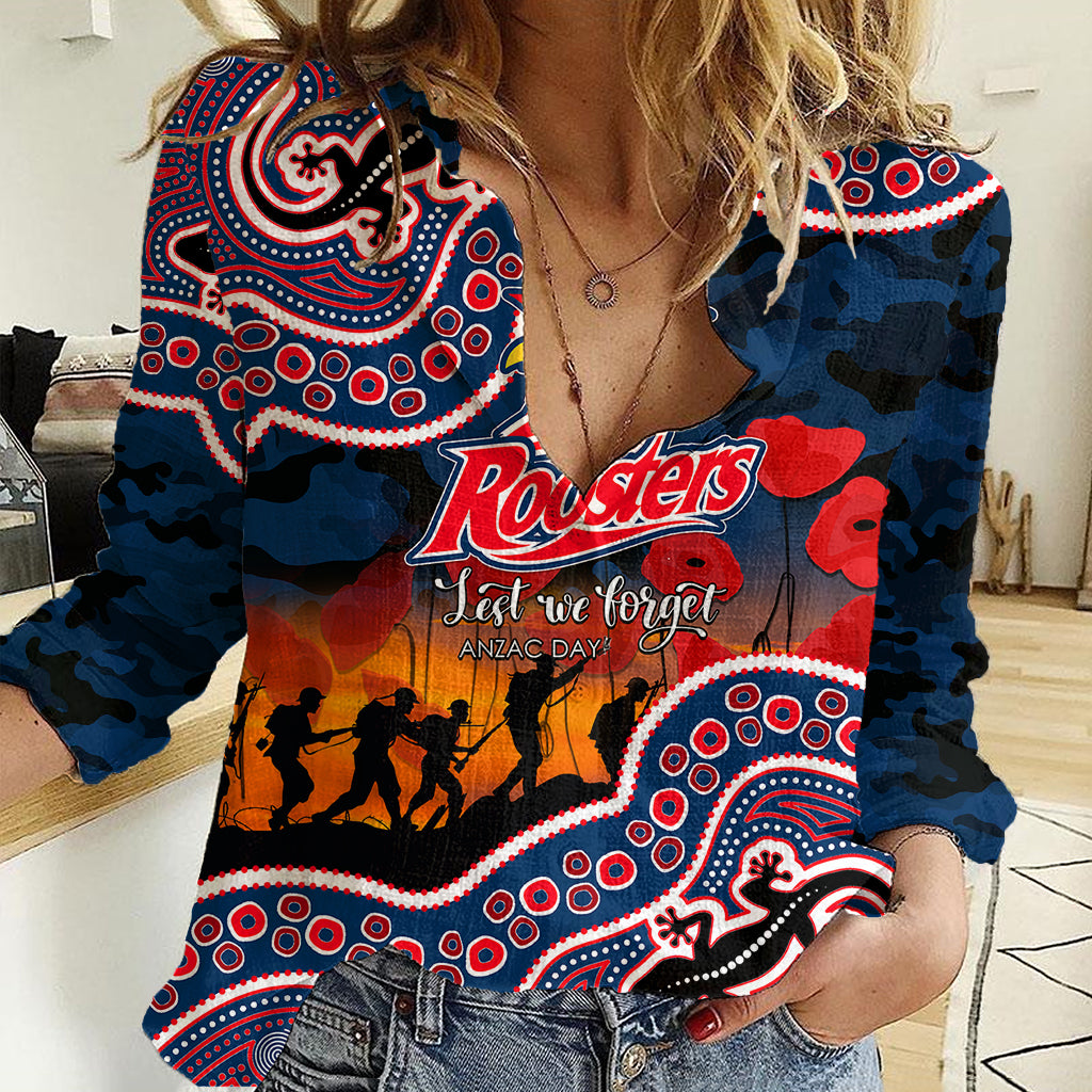 (Custom Personalised) Anzac Day NRL - Rooster Women Casual Shirt Aboriginal Lizard Patterns - Vibe Hoodie Shop
