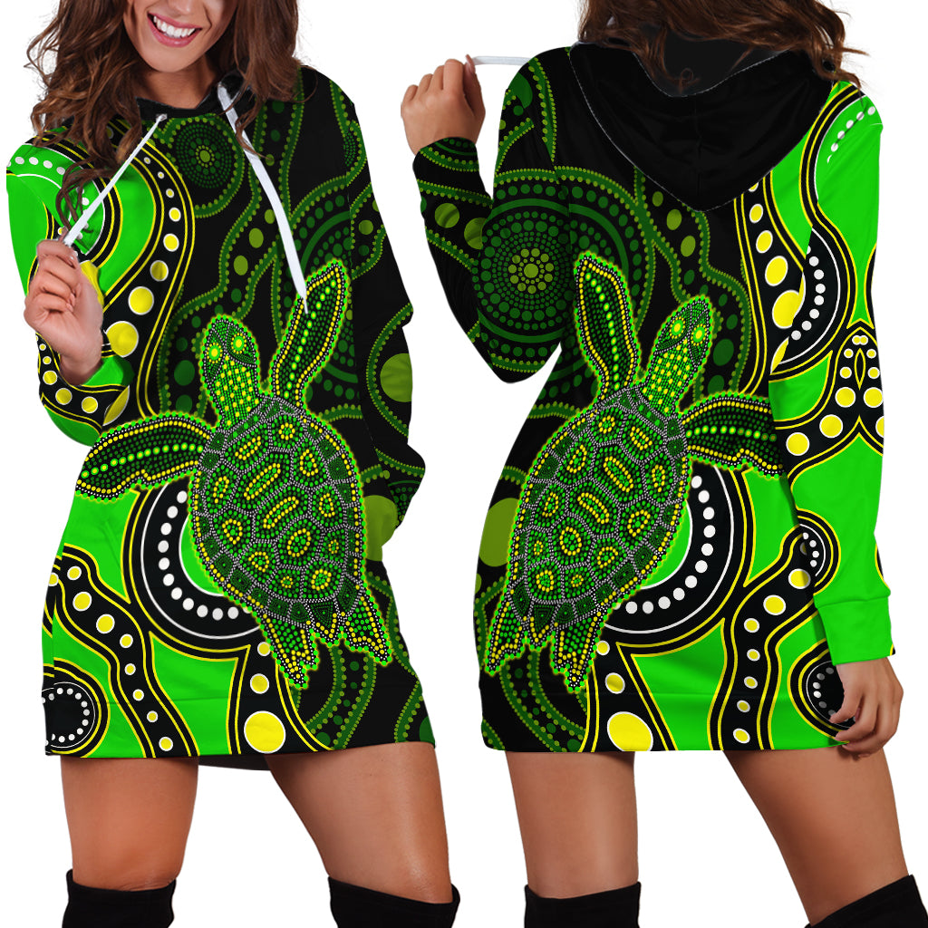 Aboriginal Turtle Hoodie Dress Green Style - Vibe Hoodie Shop