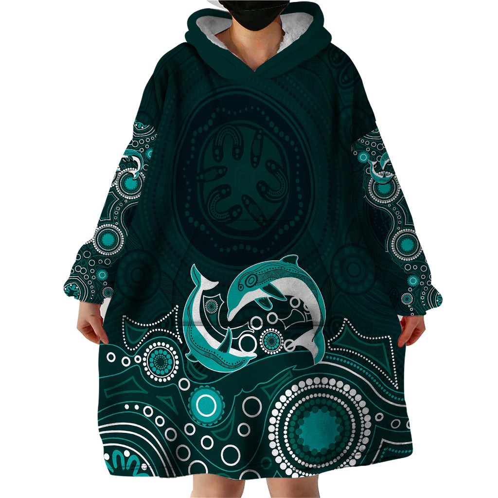 Australia Aboriginal Wearable Blanket Hoodie Dolphin Green - Vibe Hoodie Shop