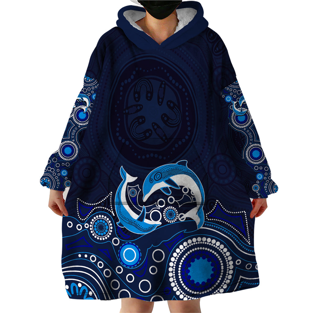 Australia Aboriginal Wearable Blanket Hoodie Dolphin Dark Blue - Vibe Hoodie Shop