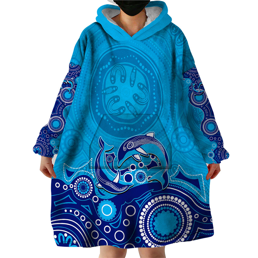 Australia Aboriginal Wearable Blanket Hoodie Dolphin Light Blue - Vibe Hoodie Shop