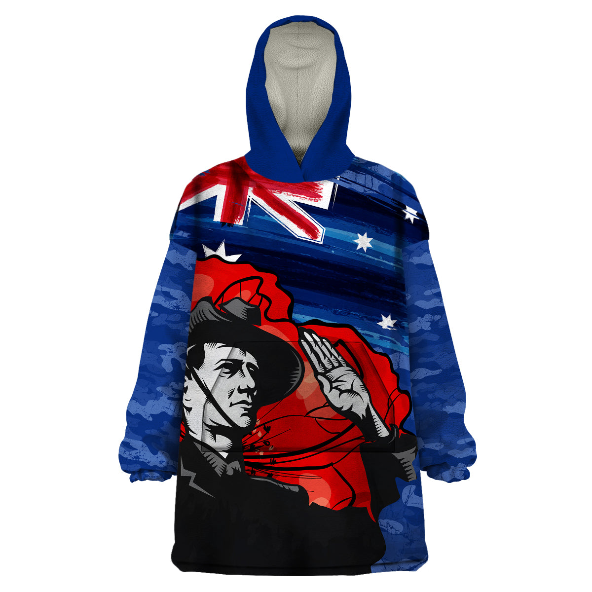 ANZAC DAY Wearable Blanket Hoodie Camo Style - Soldier With Flag - Vibe Hoodie Shop