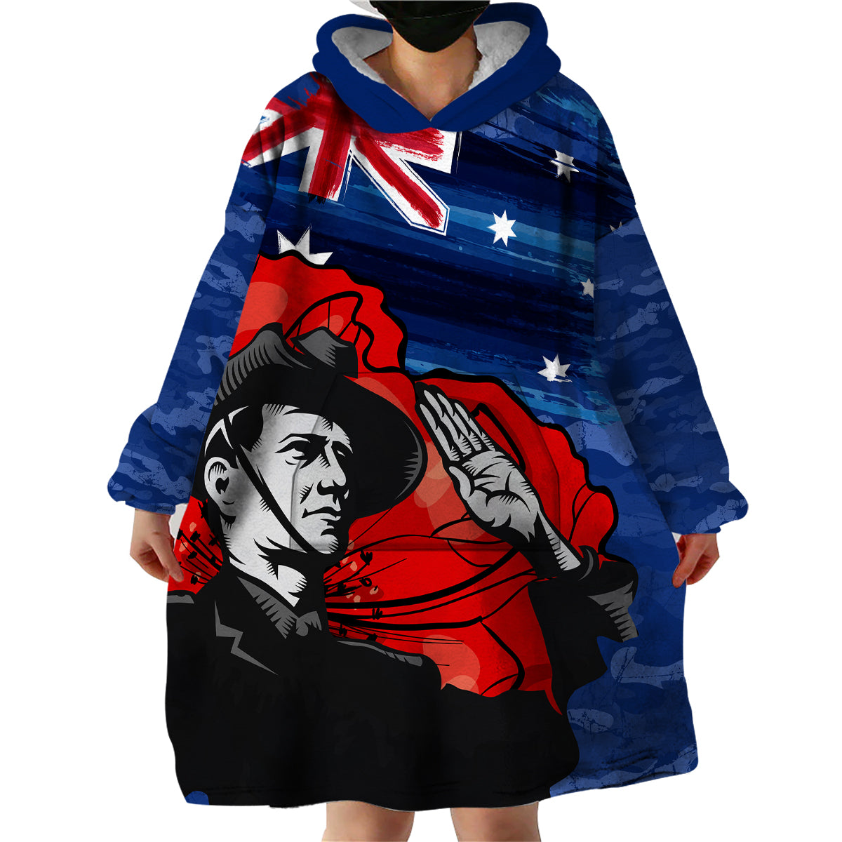 ANZAC DAY Wearable Blanket Hoodie Camo Style - Soldier With Flag - Vibe Hoodie Shop