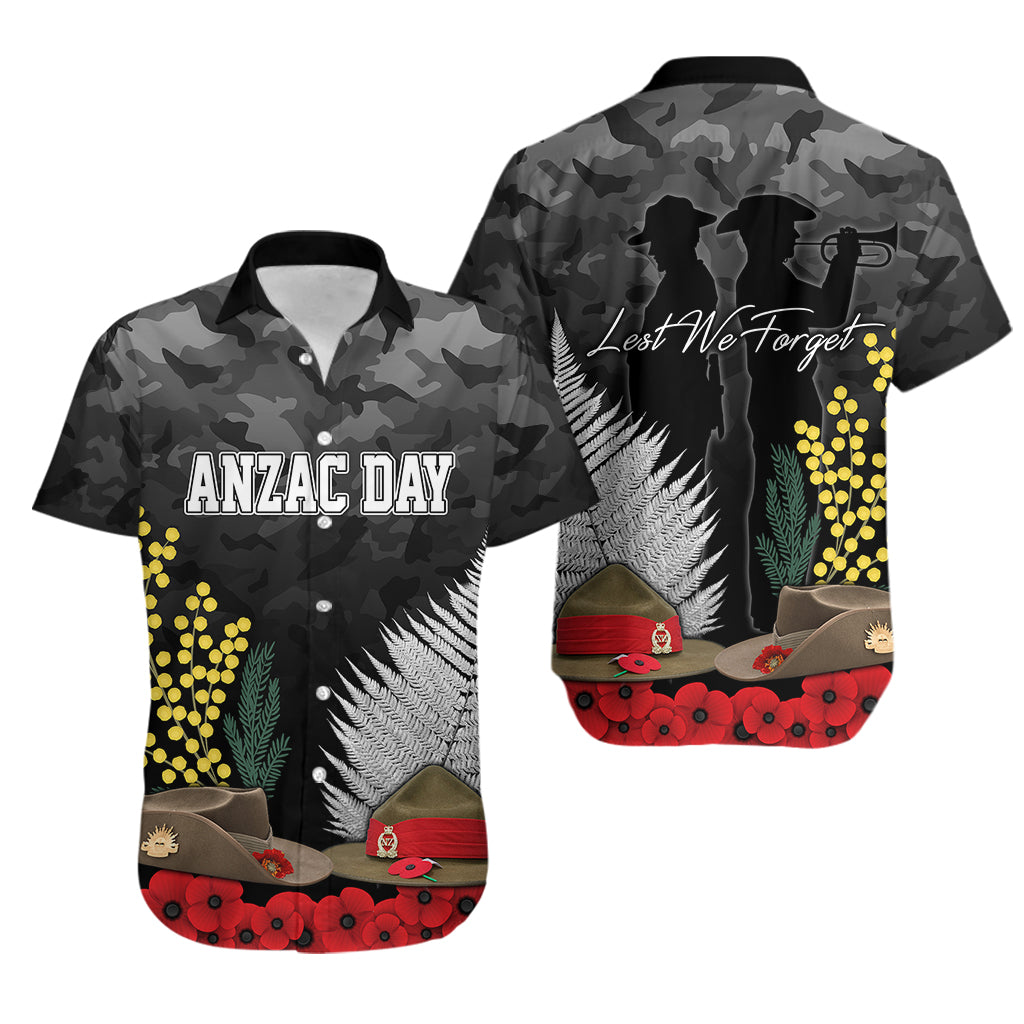 ANZAC DAY Hawaiian Shirt Camo Style - Slouch Hats Mix Silver Fern Golden Wattle - Vibe Hoodie Shop