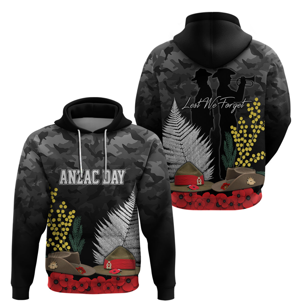 ANZAC DAY Hoodie Camo Style - Slouch Hats Mix Silver Fern Golden Wattle LT7 - Vibe Hoodie Shop