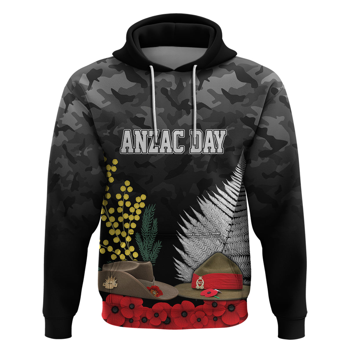 ANZAC DAY Hoodie Camo Style - Slouch Hats Mix Silver Fern Golden Wattle LT7 - Vibe Hoodie Shop