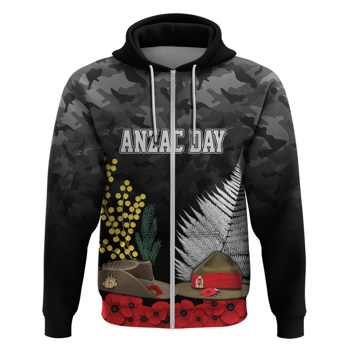 ANZAC DAY Hoodie Camo Style - Slouch Hats Mix Silver Fern Golden Wattle LT7 - Vibe Hoodie Shop