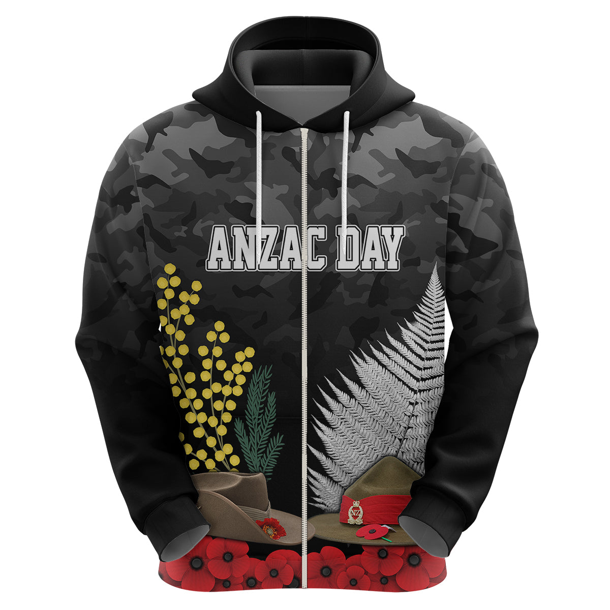 ANZAC DAY Hoodie Camo Style - Slouch Hats Mix Silver Fern Golden Wattle LT7 - Vibe Hoodie Shop