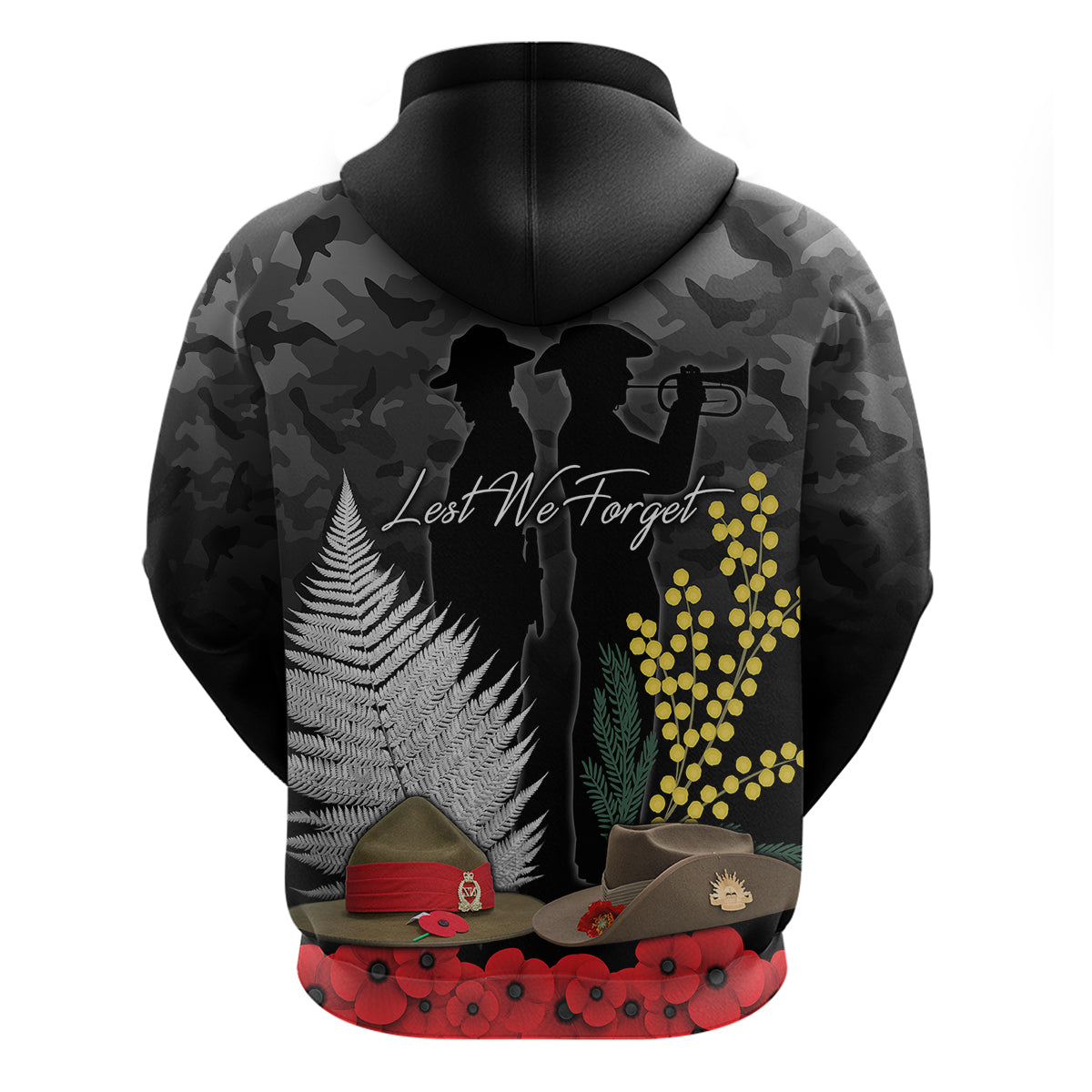 ANZAC DAY Hoodie Camo Style - Slouch Hats Mix Silver Fern Golden Wattle LT7 - Vibe Hoodie Shop