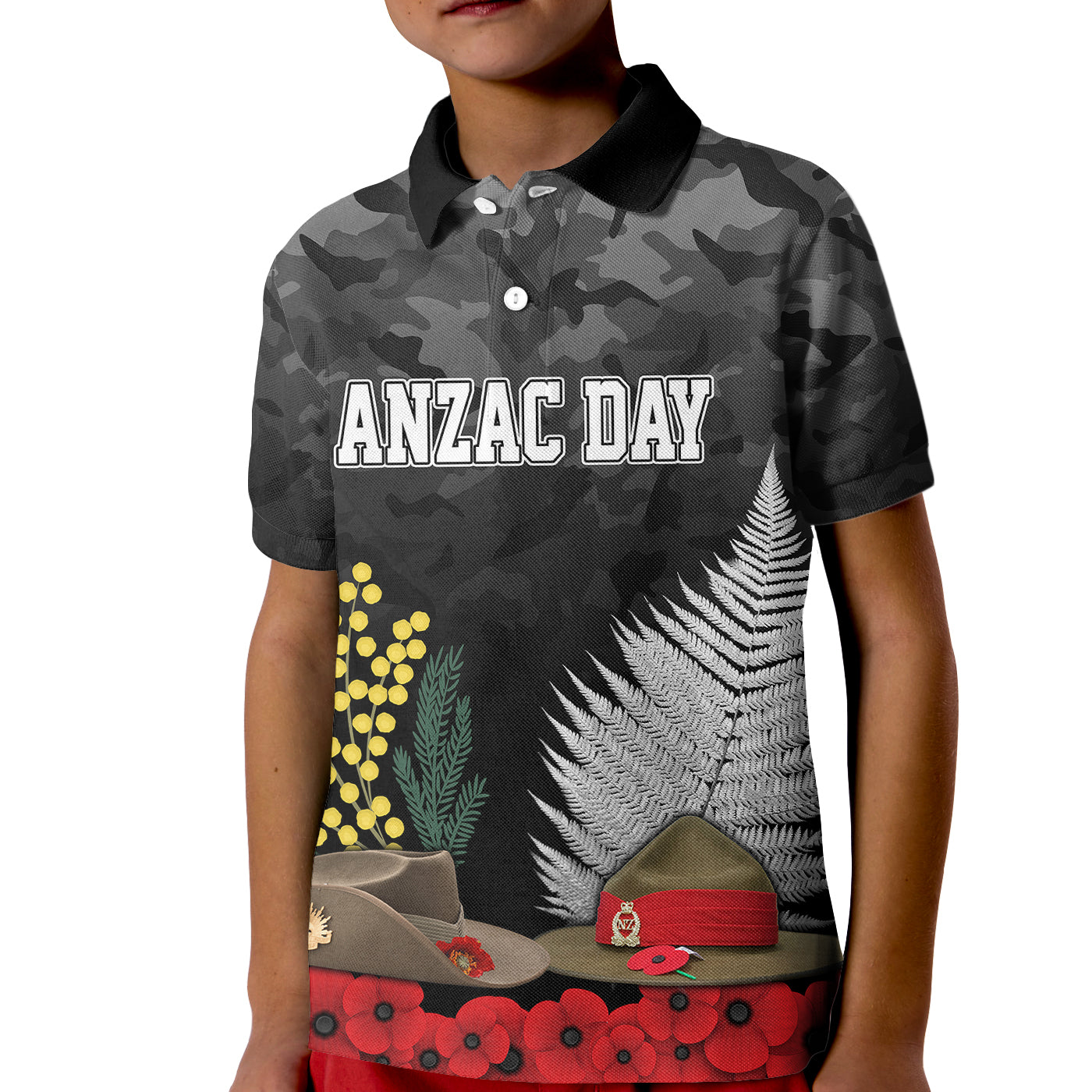 ANZAC DAY Kid Polo Shirt Camo Style - Slouch Hats Mix Silver Fern Golden Wattle - Vibe Hoodie Shop