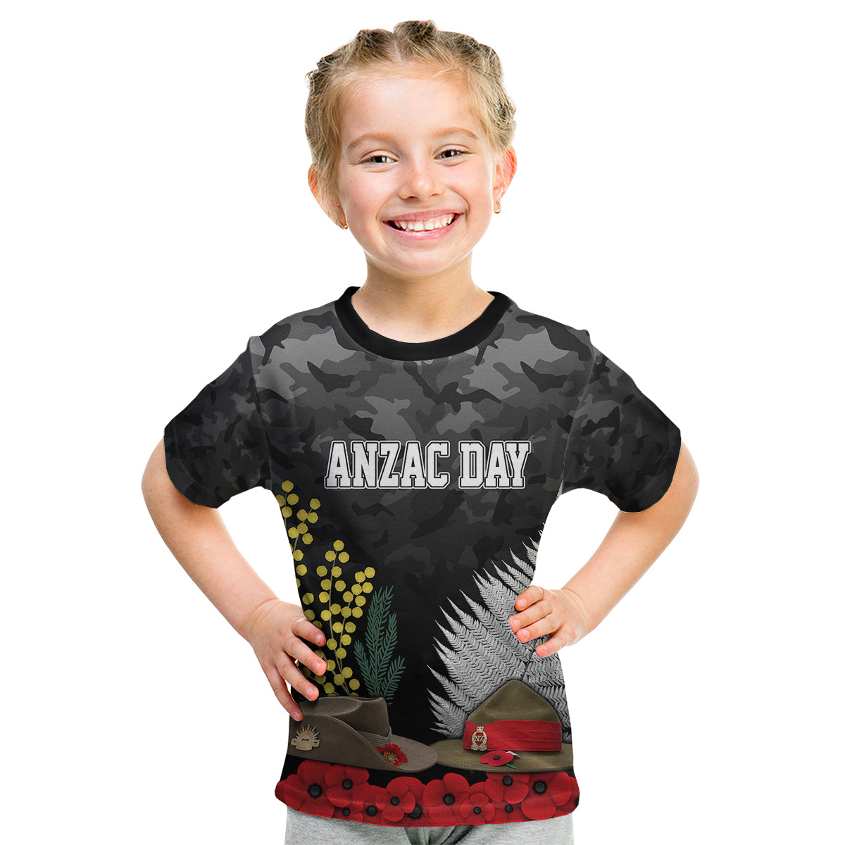 ANZAC DAY Kid T Shirt Camo Style - Slouch Hats Mix Silver Fern Golden Wattle - Vibe Hoodie Shop