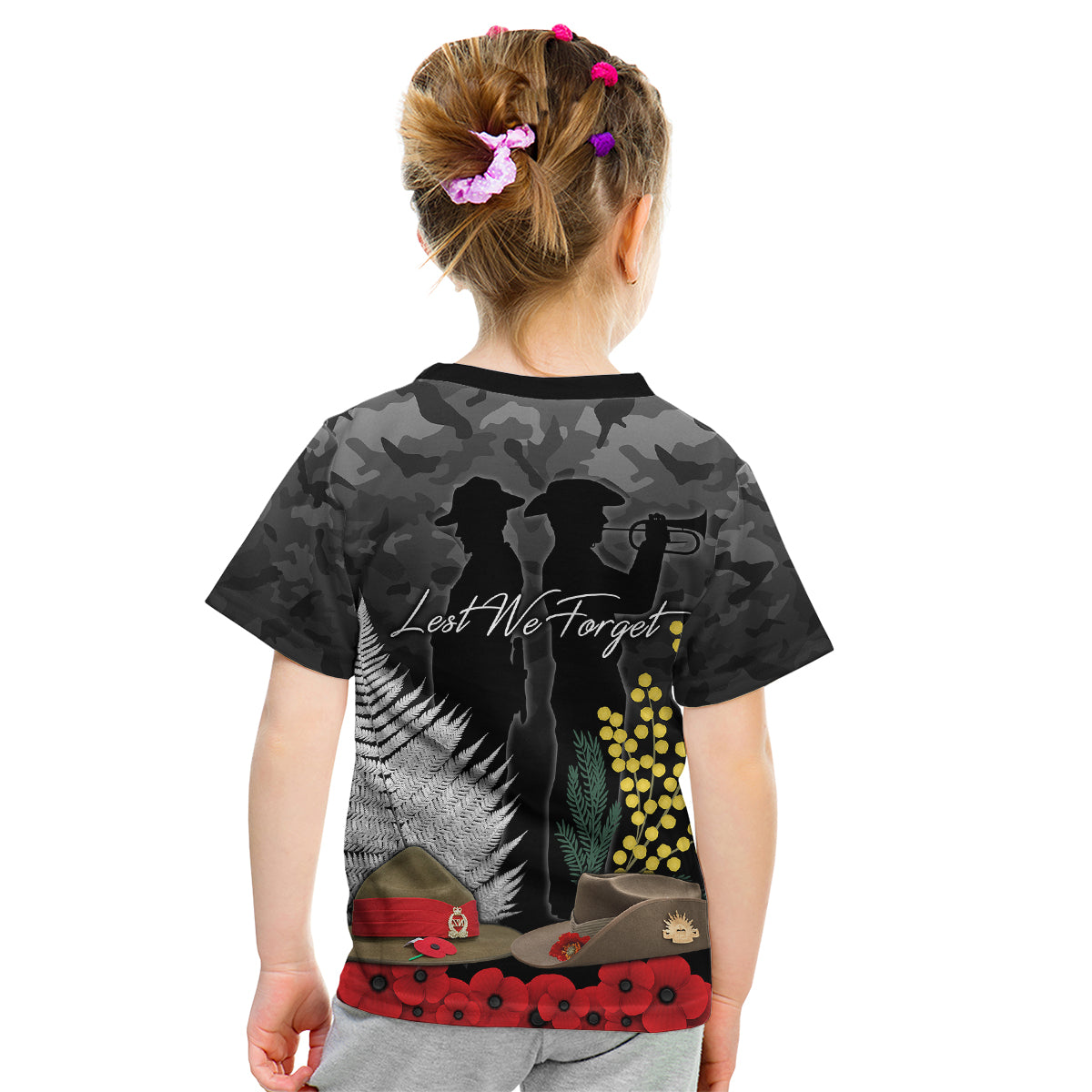 ANZAC DAY Kid T Shirt Camo Style - Slouch Hats Mix Silver Fern Golden Wattle - Vibe Hoodie Shop