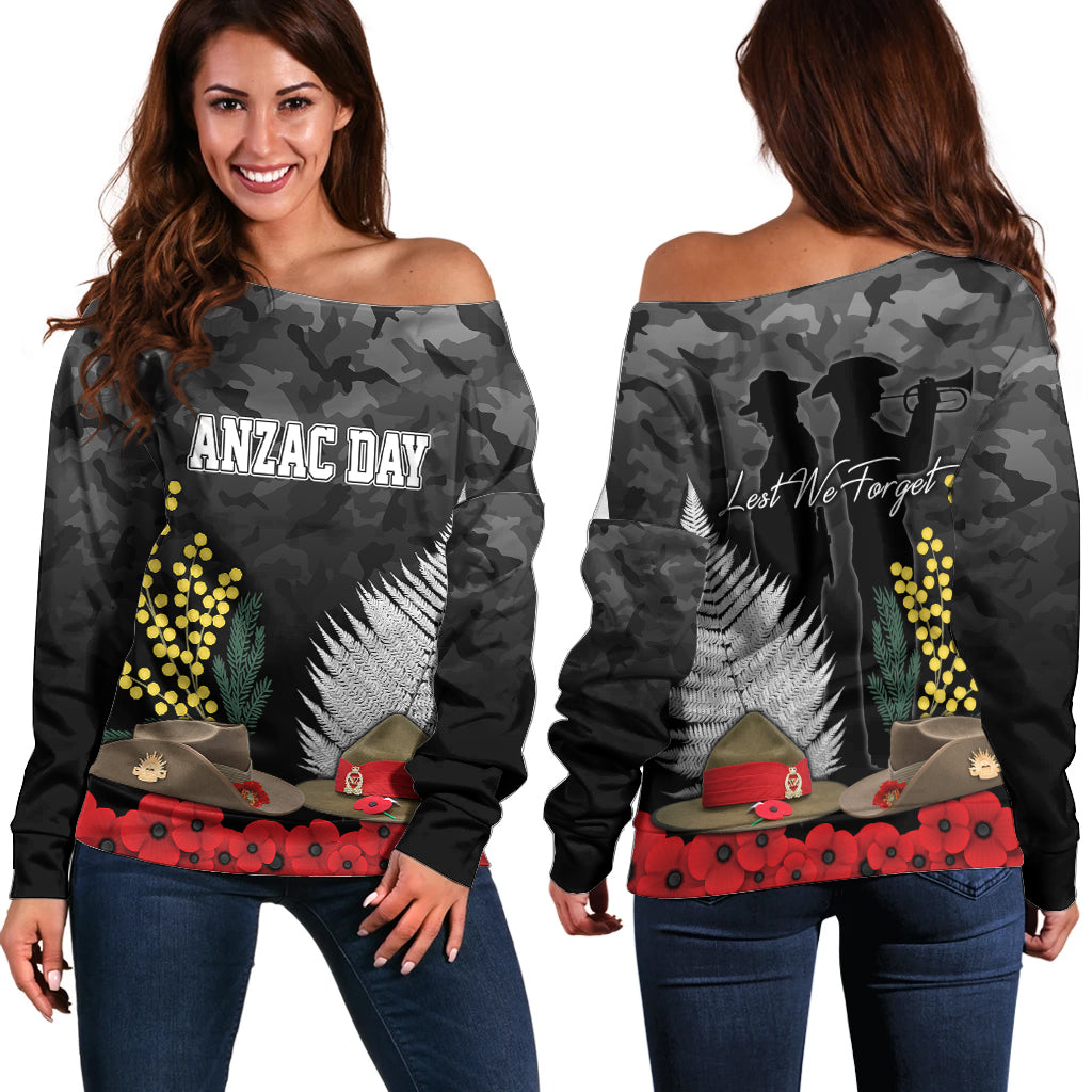 ANZAC DAY Off Shoulder Sweater Camo Style - Slouch Hats Mix Silver Fern Golden Wattle - Vibe Hoodie Shop