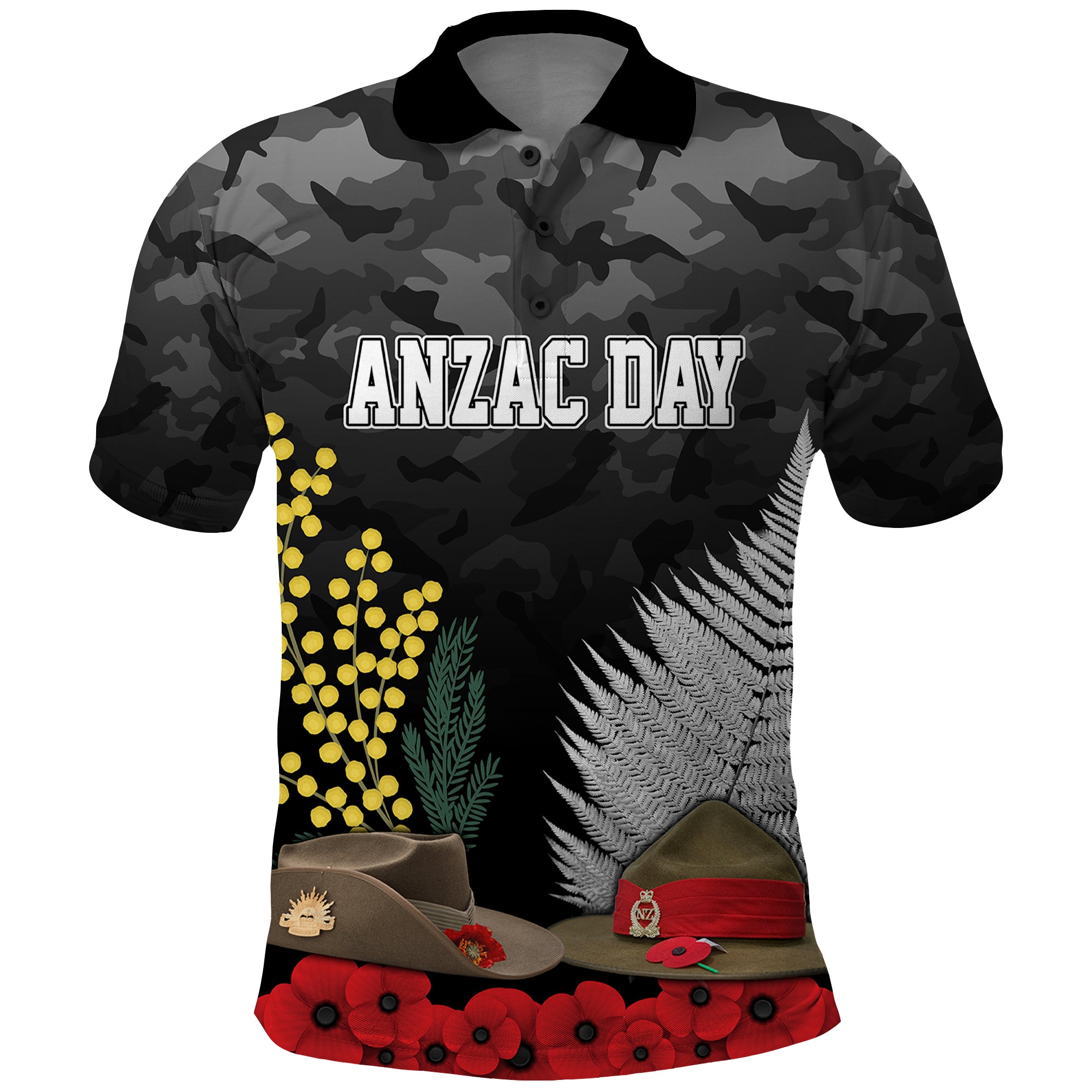 ANZAC DAY Polo Shirt Camo Style - Slouch Hats Mix Silver Fern Golden Wattle - Vibe Hoodie Shop