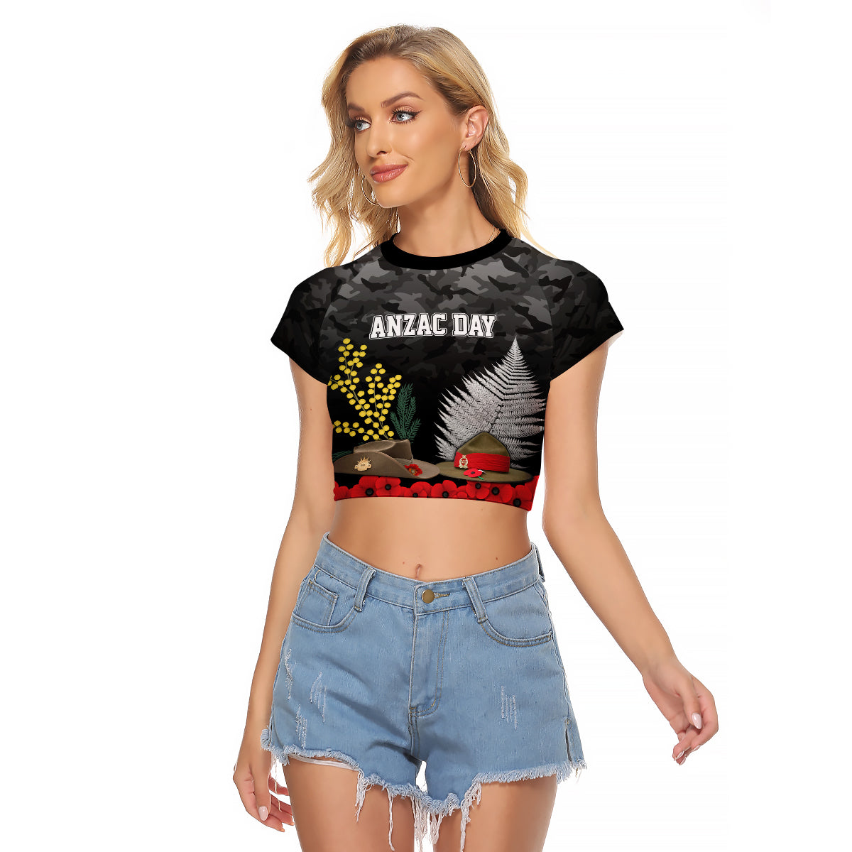 ANZAC DAY Raglan Cropped T Shirt Camo Style - Slouch Hats Mix Silver Fern Golden Wattle - Vibe Hoodie Shop