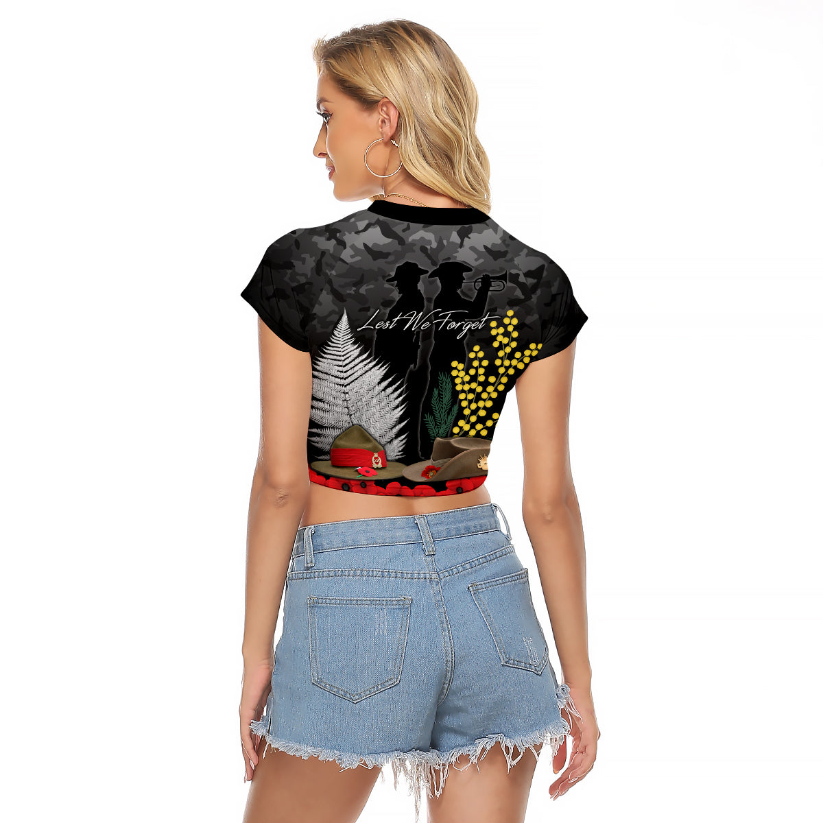 ANZAC DAY Raglan Cropped T Shirt Camo Style - Slouch Hats Mix Silver Fern Golden Wattle - Vibe Hoodie Shop