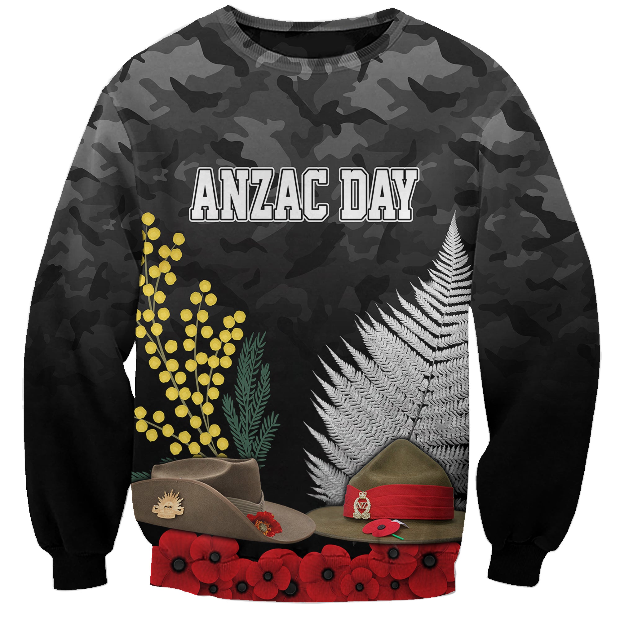 ANZAC DAY Sweatshirt Camo Style - Slouch Hats Mix Silver Fern Golden Wattle - Vibe Hoodie Shop