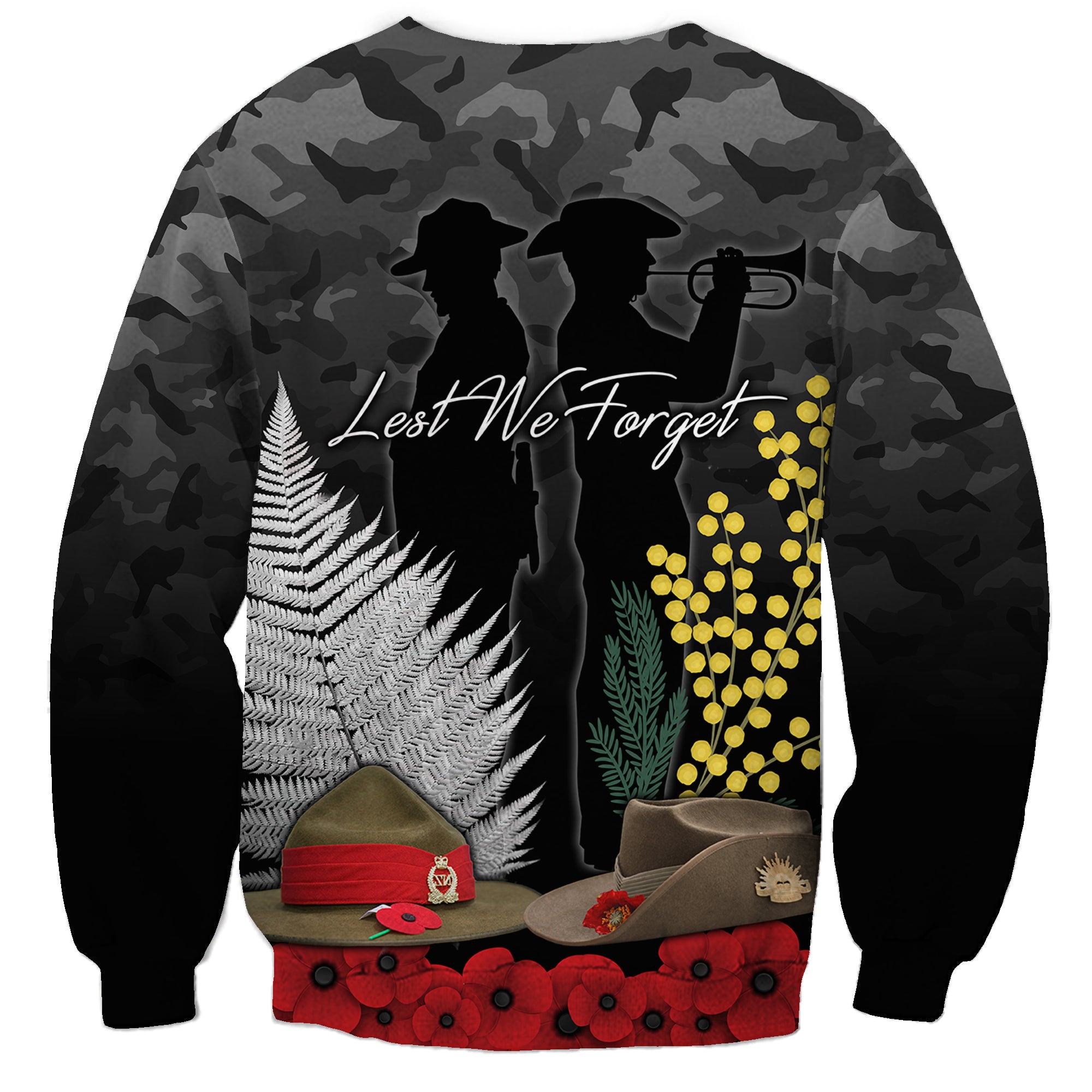 ANZAC DAY Sweatshirt Camo Style - Slouch Hats Mix Silver Fern Golden Wattle - Vibe Hoodie Shop