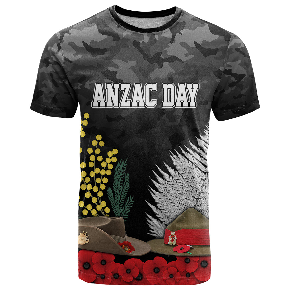 ANZAC DAY T Shirt Camo Style - Slouch Hats Mix Silver Fern Golden Wattle - Vibe Hoodie Shop