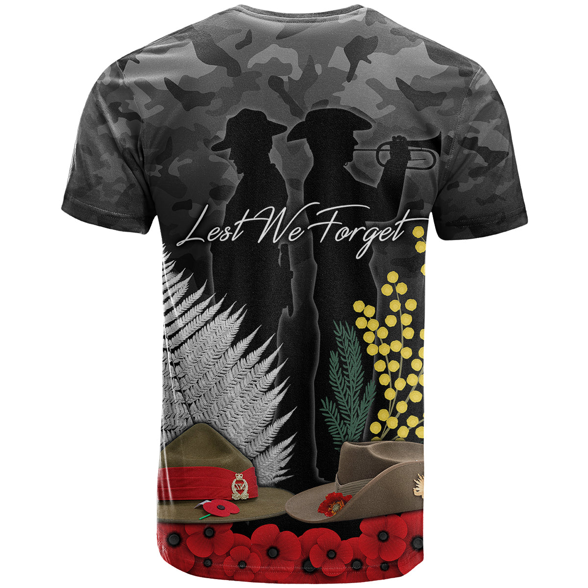 ANZAC DAY T Shirt Camo Style - Slouch Hats Mix Silver Fern Golden Wattle - Vibe Hoodie Shop