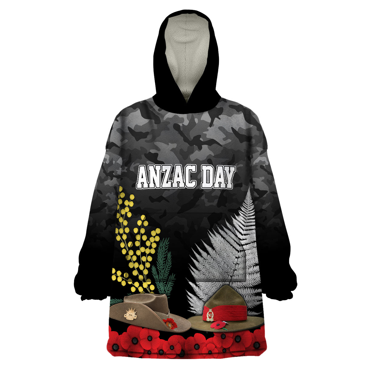 ANZAC DAY Wearable Blanket Hoodie Camo Style - Slouch Hats Mix Silver Fern Golden Wattle - Vibe Hoodie Shop