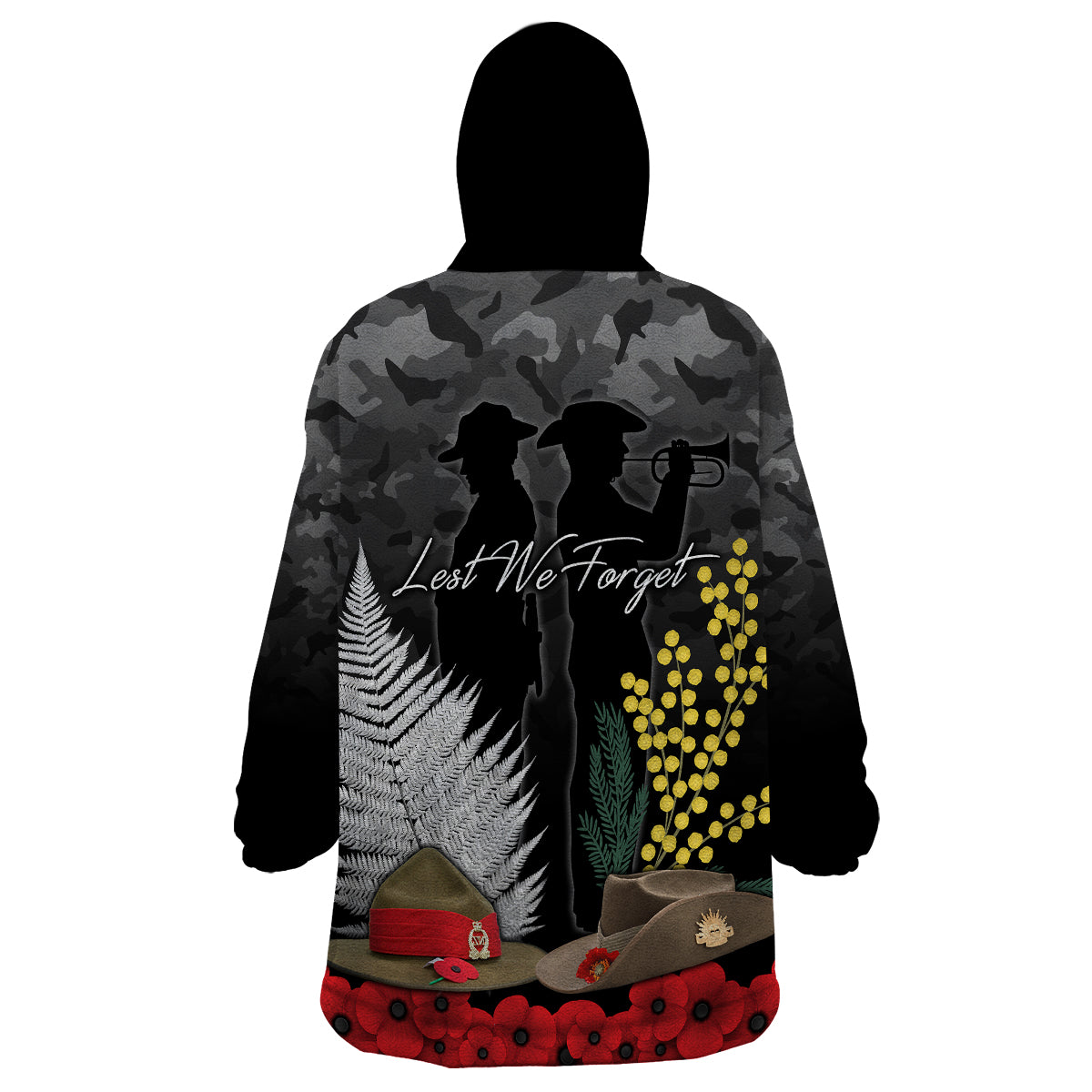 ANZAC DAY Wearable Blanket Hoodie Camo Style - Slouch Hats Mix Silver Fern Golden Wattle - Vibe Hoodie Shop